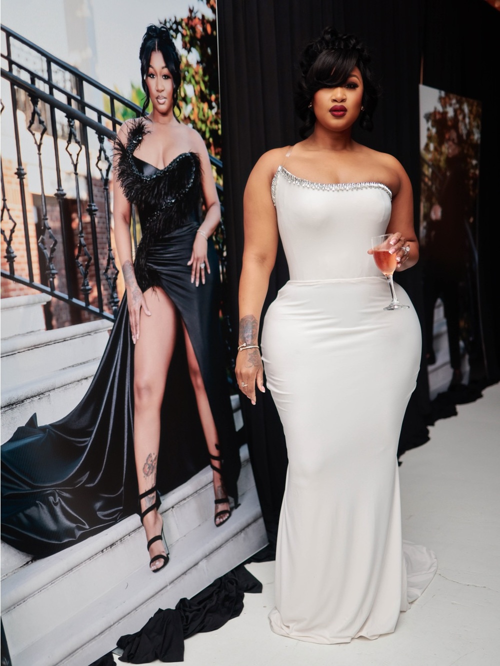 Strapless White Evening Gown with Crystal-Trim Detail